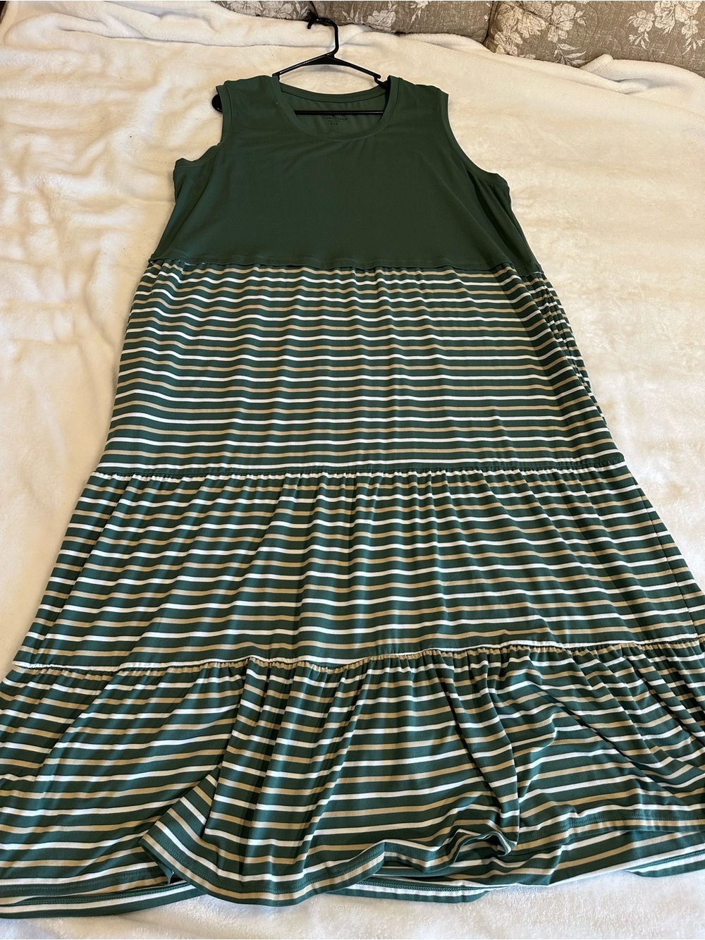 Cuddl Duds Green and Cream Striped Tiered Women's Sleeveless Dress